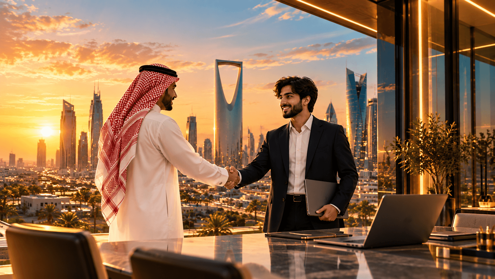 SBC advisers meeting a client in Riyadh, the Kingdom Centre skyline behind them