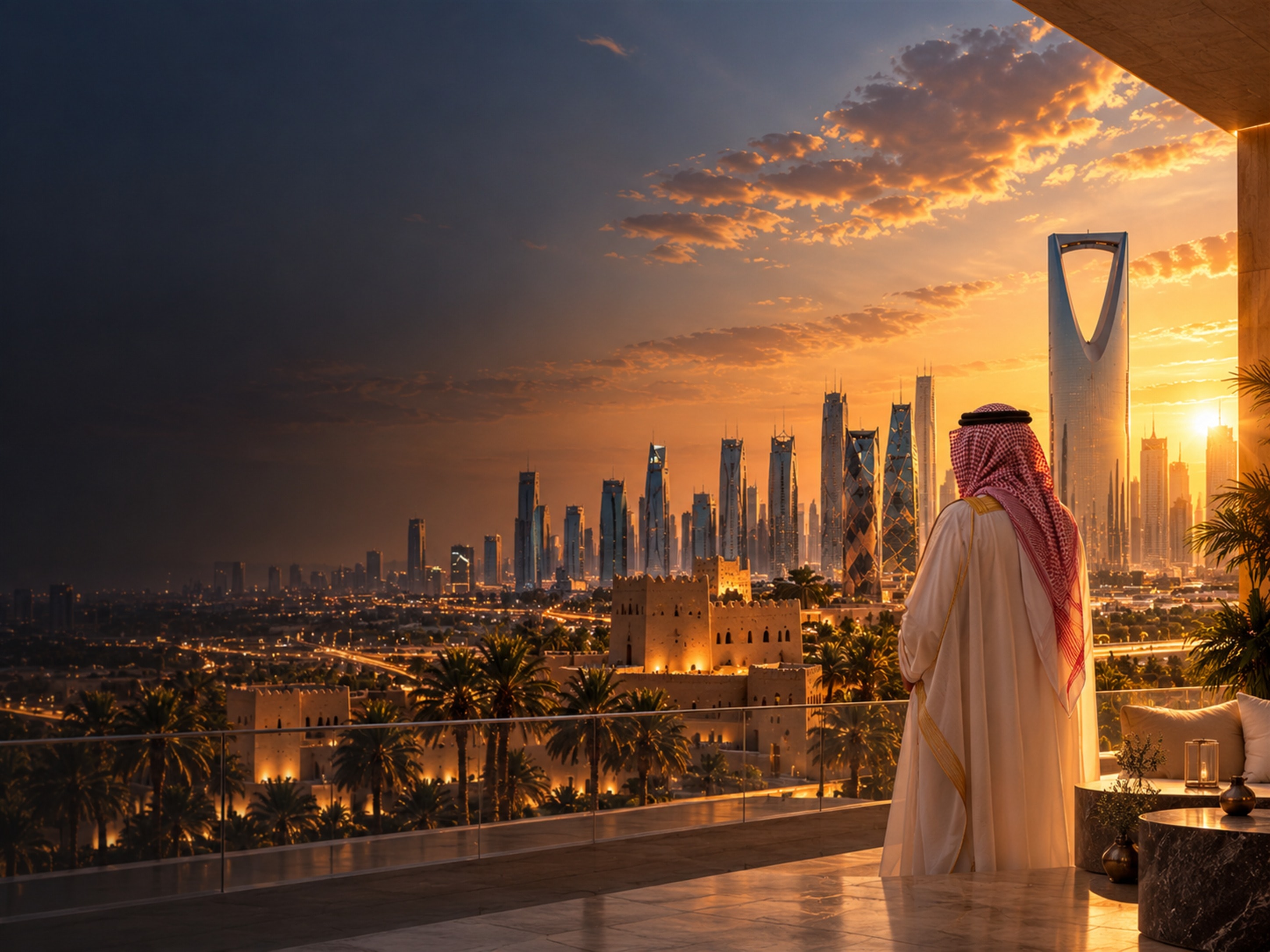 Illustrated Riyadh skyline at golden hour